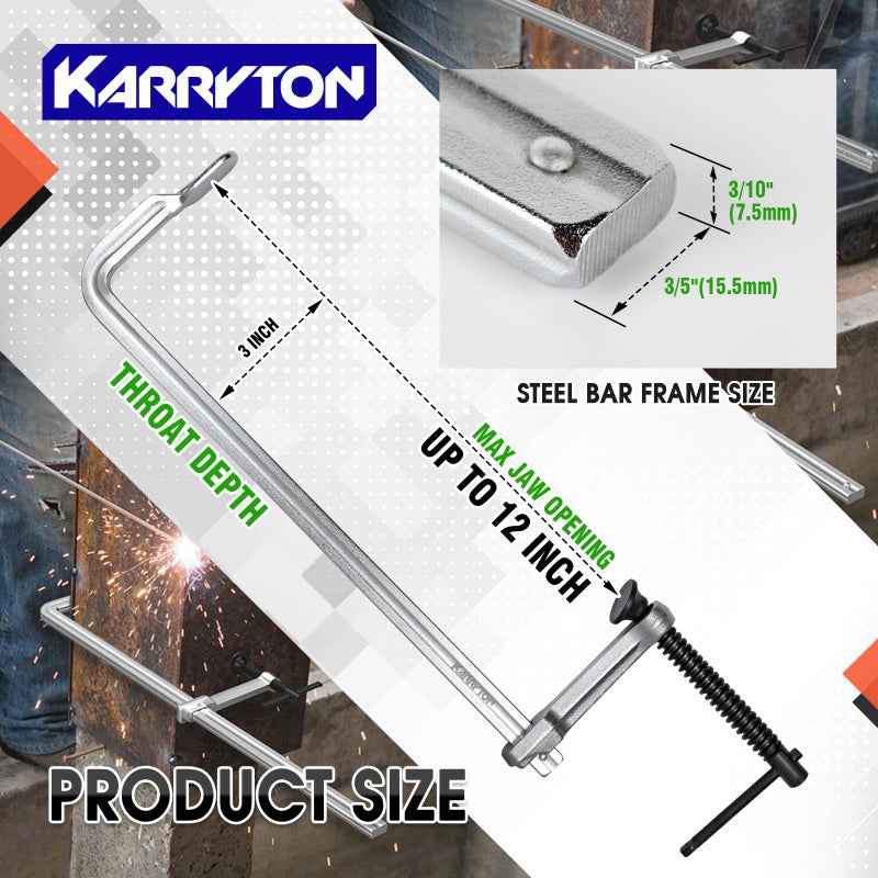 KARRYTON 4-Pack 12""(300x80mm) F Clamp w/ 3"" Throat Depth, Bar Size 5/8""x5/16"", 600LB Clamping Force, Drop Forged Steel Bar Clamps for Wood, Metal, Pipe, Welding and DIY Projects - Image 2